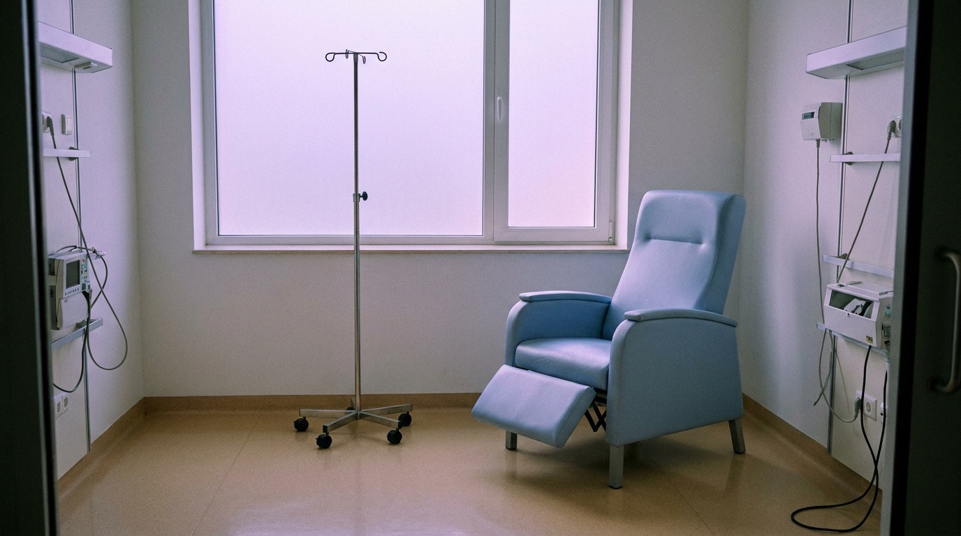 Şafakta boş bir hastane odası, boş bir ayarlanabilir koltuğun yanında bir IV damla standı, buzlu camdan süzülen yumuşak menekşe ortam ışığı, insan yok, sakin ve klinik bir ortam
