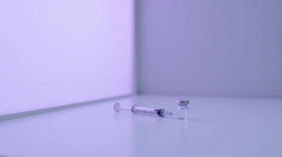 A slim auto-injector pen and a small clear glass vial resting on a pale grey clinical countertop, soft violet ambient light diffusing from a frosted glass panel on the left, clean pale walls in background, shallow depth of field, no labels or markings on any surface, no people, pharmaceutical photography style