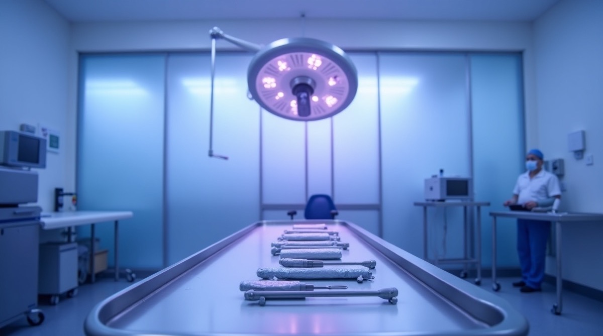 An empty modern endoscopy preparation room, a clean stainless-steel instrument trolley with wrapped sterile equipment on the surface, a glowing overhead procedure light casting pale violet ambient light onto the room, frosted glass partition in the background, no people visible, clinical and precise photographic composition, healthcare setting