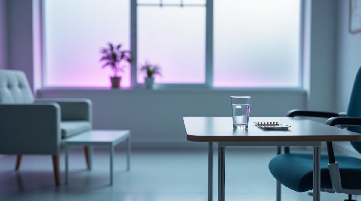 A clean clinical outpatient consultation room in soft morning light, an empty chair facing a bare desk, a glass of water and a sealed blister pack placed on a small side table, frosted glass partition panels with soft violet ambient glow beyond them, a potted plant on the windowsill, no people present, no text visible on any surface, depopulated healthcare setting, photographic