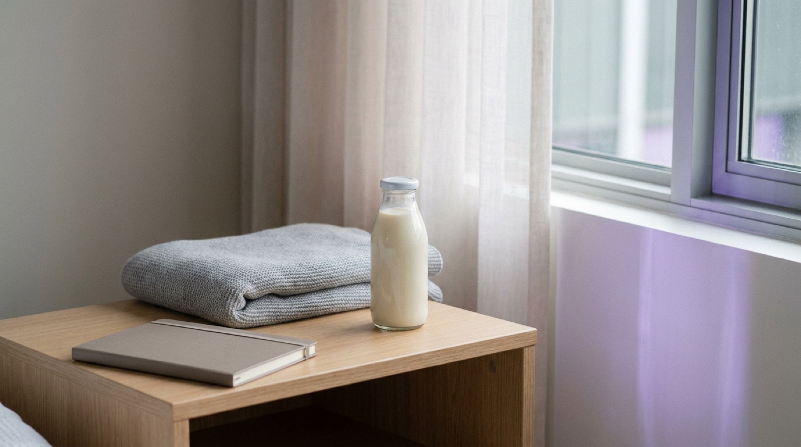 A quiet hospital day-room corner at dawn: a single sealed bottle of pale nutrition formula on a light-wood side table beside a folded blanket and a closed notebook, soft violet ambient light, no people.