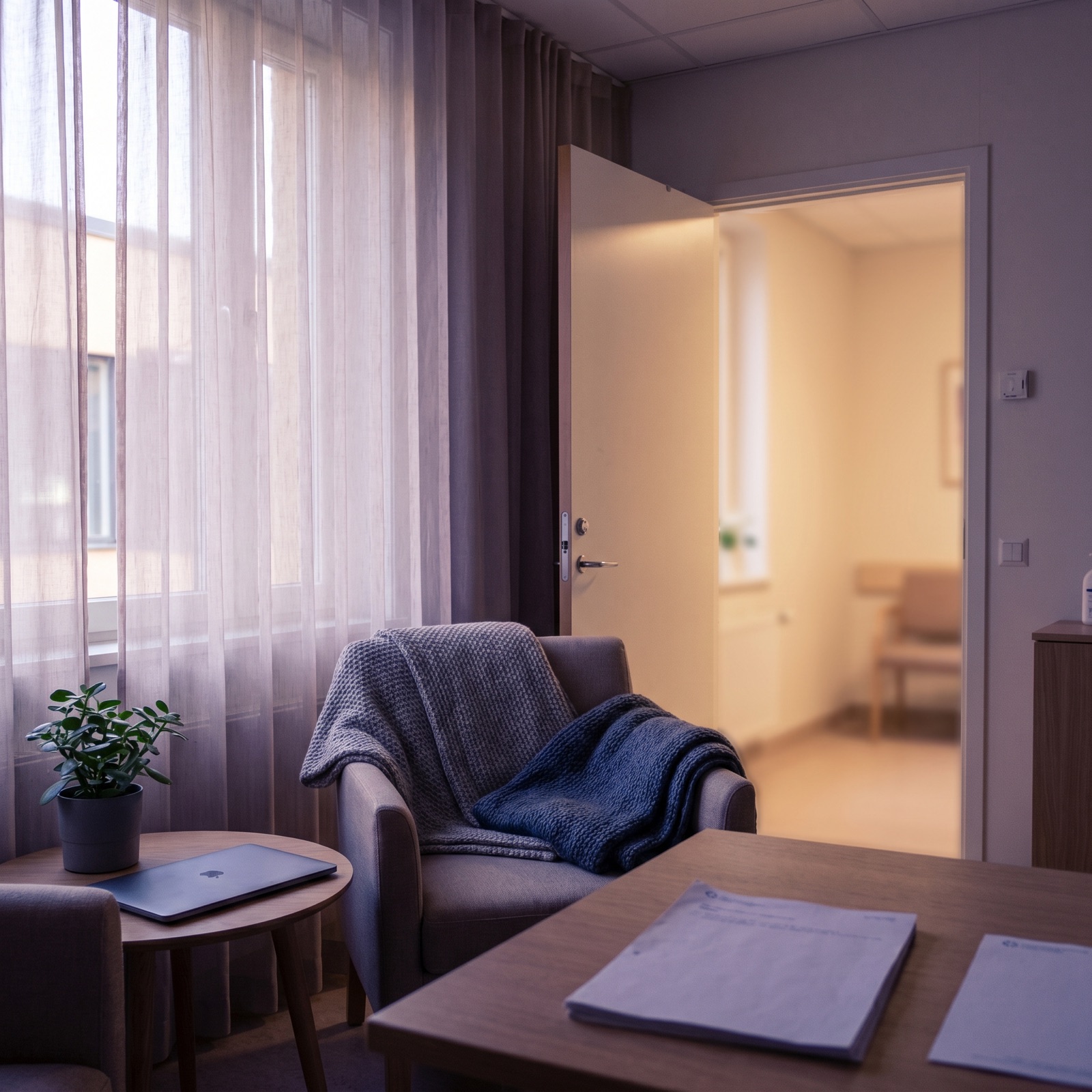 An open doorway from a calm room into a brighter clinical space, with papers on a table — quiet, no people.