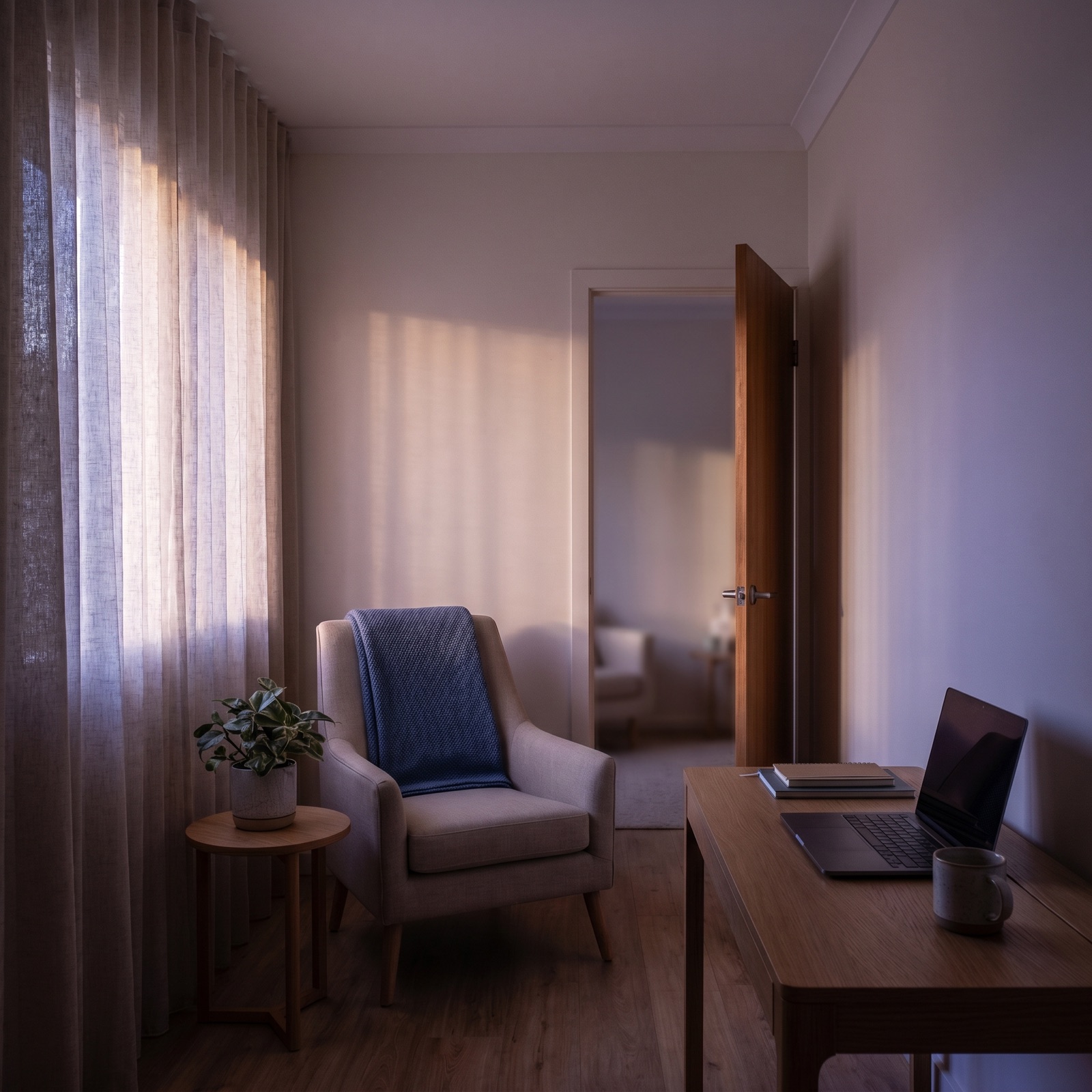 A quiet, sunlit room with an empty armchair and a small plant — calm, unhurried, no people.
