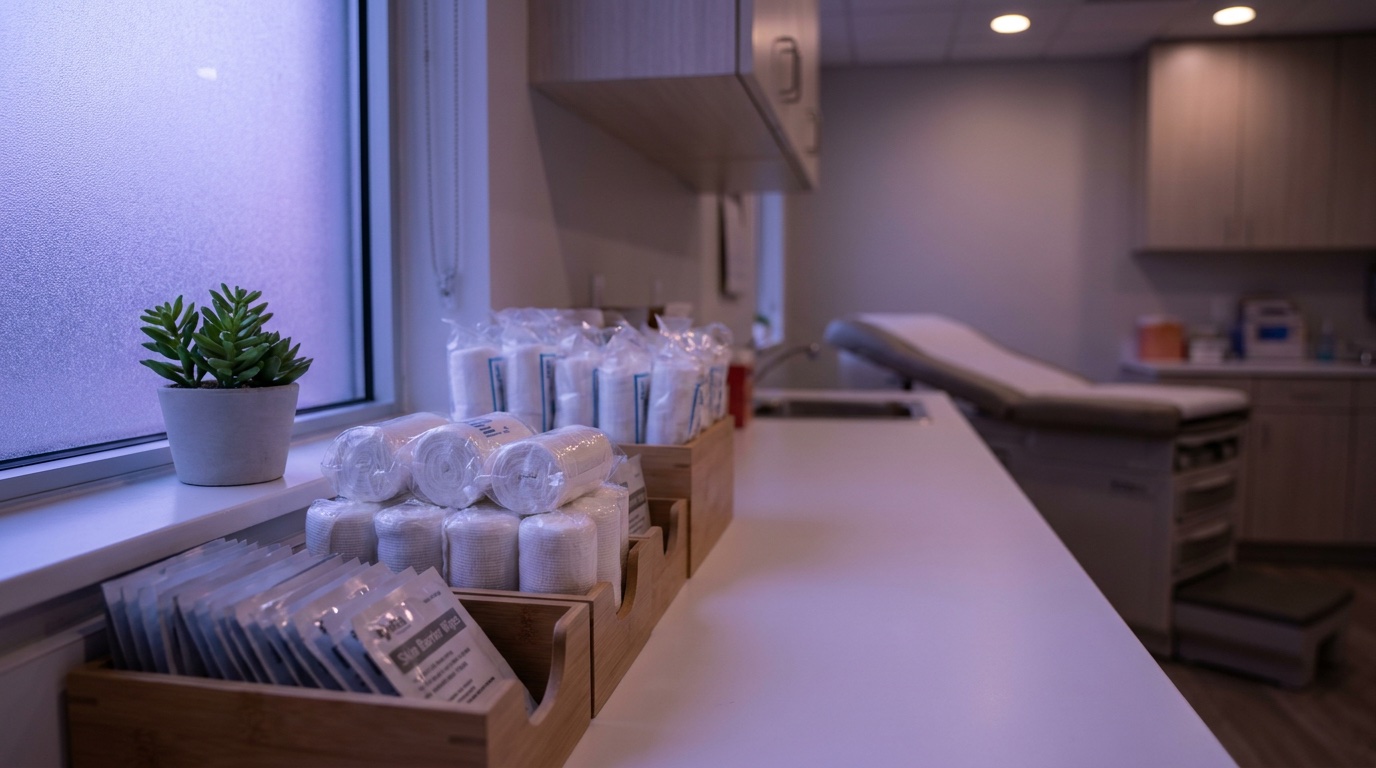 A quiet clinical supply counter in a stoma care clinic at dusk, neatly arranged bandage rolls and sealed foil-packed skin barrier wipes on a white laminate surface, soft violet ambient light falling from a frosted window, small potted plant on the windowsill, no people visible, no text, photographic, warm healthcare setting
