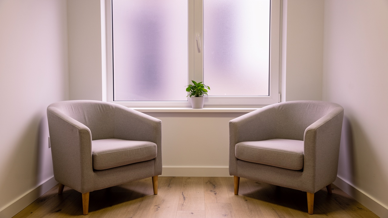 Empty psychotherapy consultation room with two upholstered chairs facing each other, soft violet ambient light through frosted windows, no people