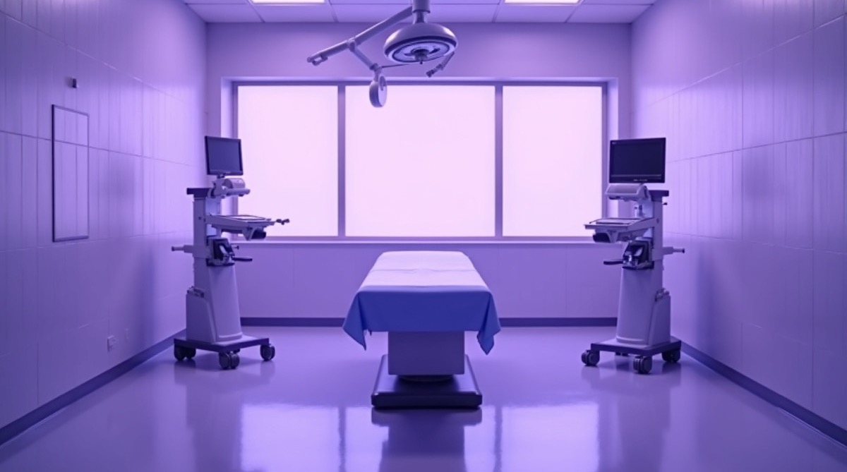 An empty minimally invasive surgical suite in soft violet ambient light, two instrument tower consoles visible in the background against pale tiled walls, a clean draped operating table centred under overhead panel lights, frosted windows on the far wall showing diffused daylight, no people present, no text on any surface, photographic, depopulated operating room