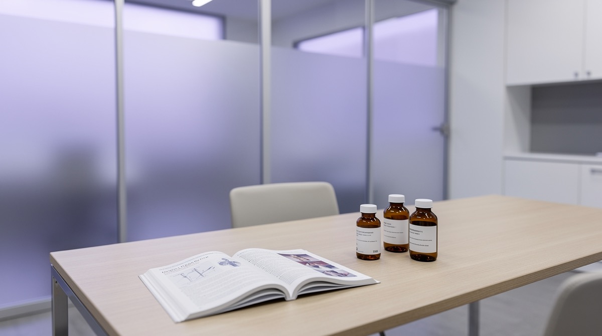 An empty clinical consultation room with a clean desk bearing an open research journal and two small amber pharmaceutical bottles, soft brand violet ambient glow through frosted glass partition, no people visible, no legible text on any surface, depopulated setting, photographic