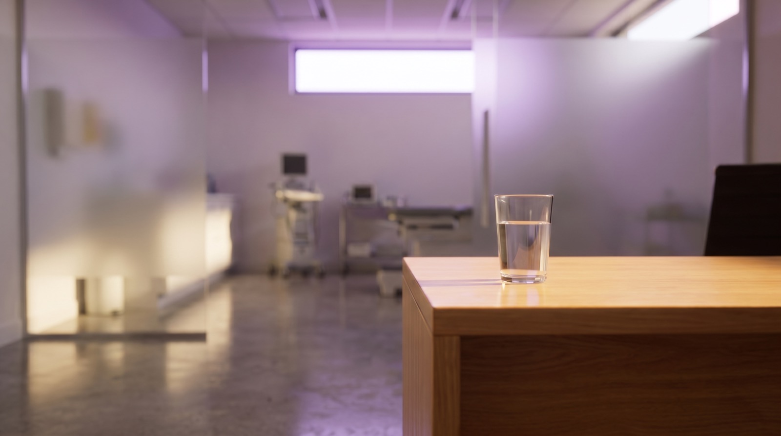 Empty sun-lit clinical consultation room with a glass of water on a wooden desk, violet ambient light from a high window, polished floor, no people, no text