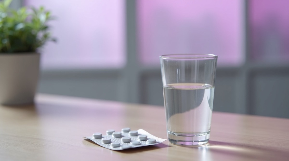 A quiet pharmacy consultation room in soft morning light, a sealed blister-pack of medication beside a glass of water on a clean wooden desk, pale violet ambient glow from frosted glass shelving in the background, a small potted plant on the windowsill, no people visible, no text on any packaging or surface, healthcare setting, photographic